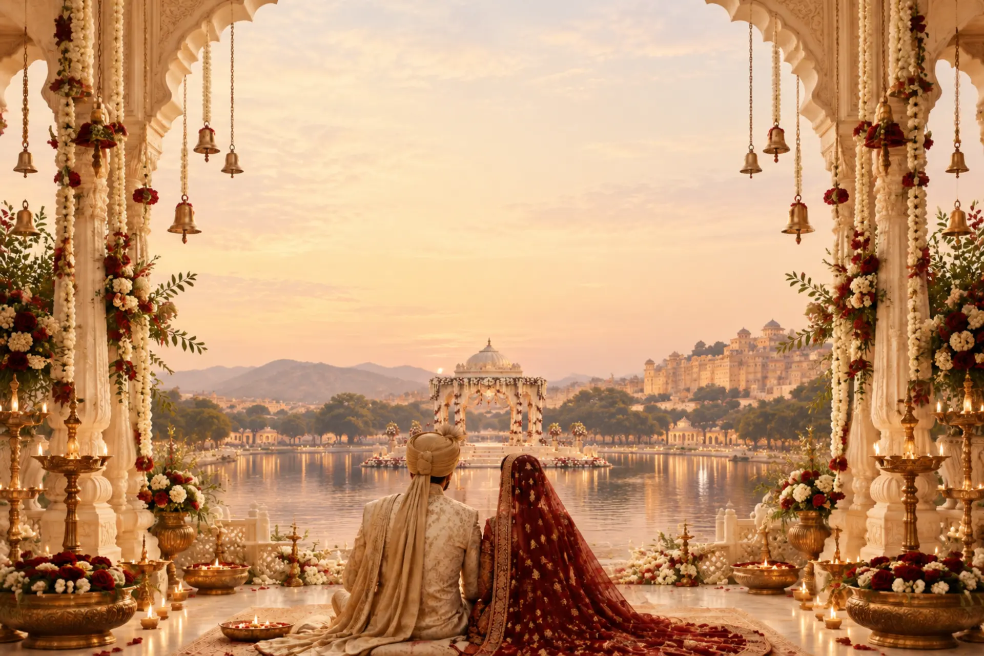 Illustrated couple seated with their backs to the viewer beneath a carved marble arch strung with bells, looking out across a lake to a lit mandap