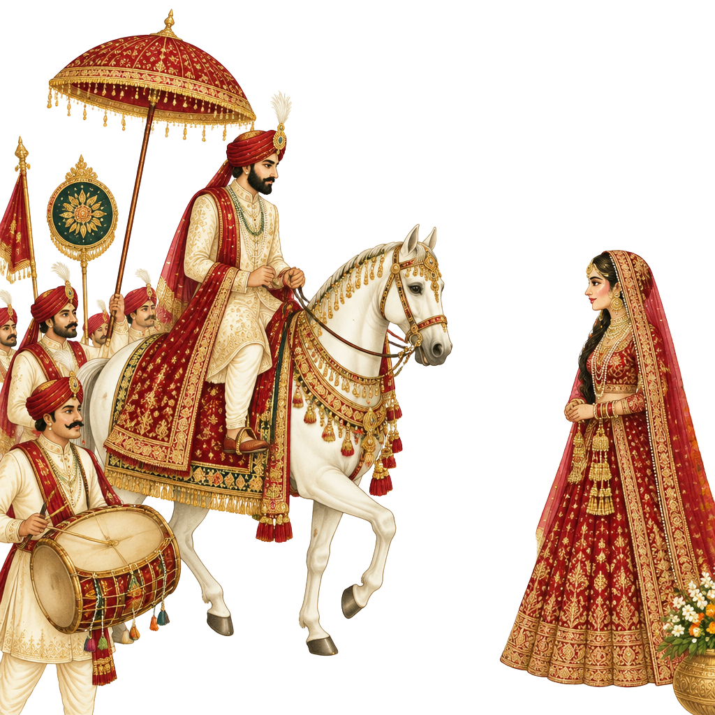Illustrated groom arriving in the Baraat