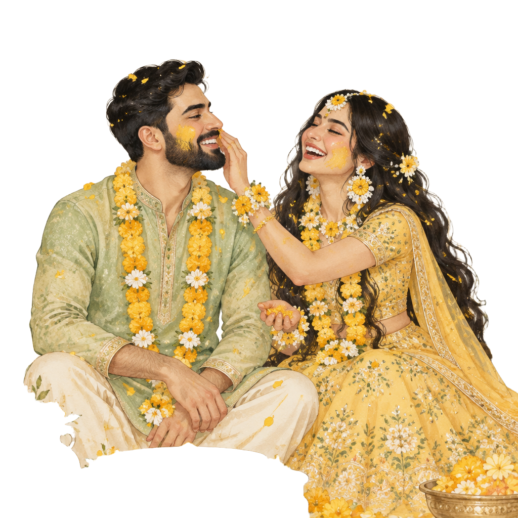 Illustrated couple at the Haldi ceremony with marigolds