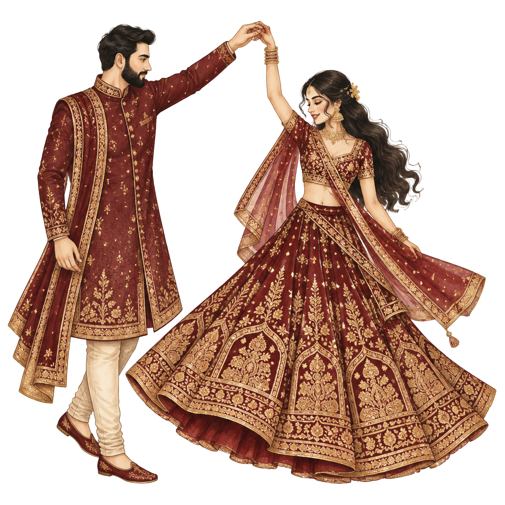 Illustrated couple dancing at the Sangeet