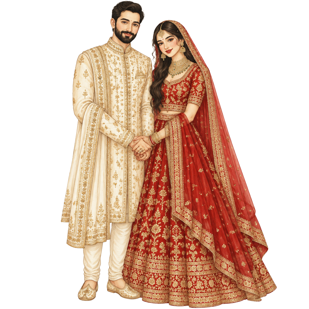 Illustrated Tanmay and Sejal holding hands in wedding attire