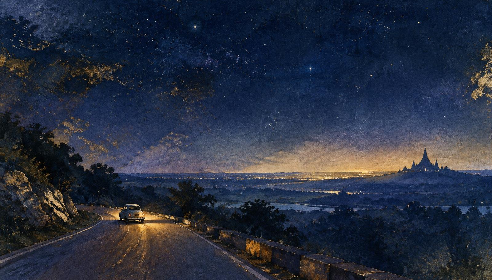 A small car with warm headlights on a night highway